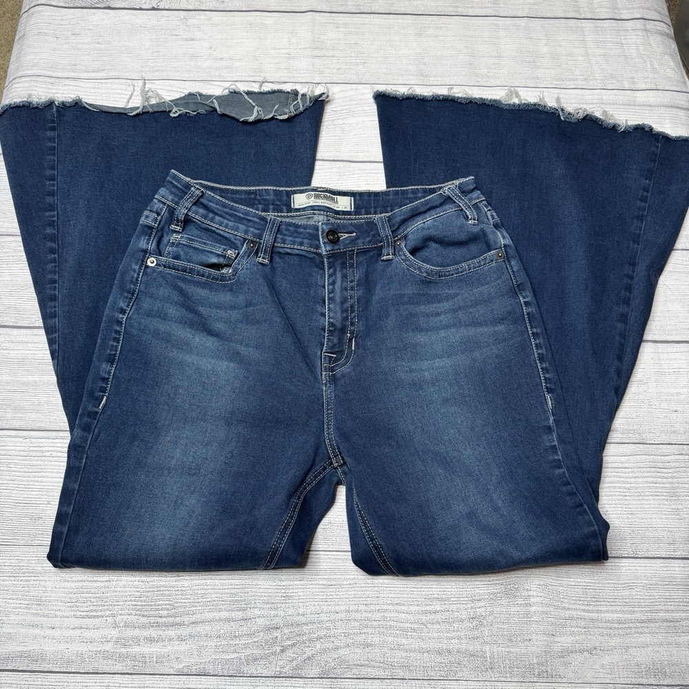 Rock & Roll Denim Jeans 30x30 High Rise Bell Bottoms Blue Flared Cowgirl Raw Hem
